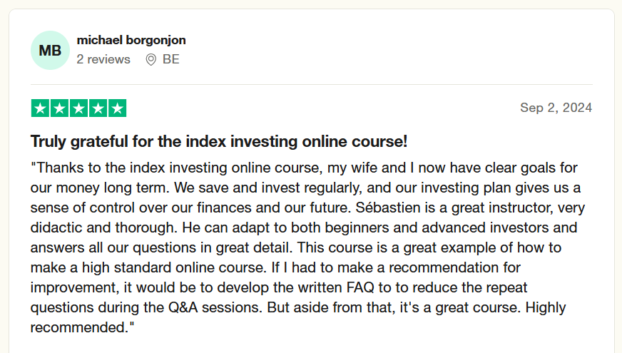 Truspilot review 02 - Michael Borgonjon - Index Investing Online Course - FIRE Belgium