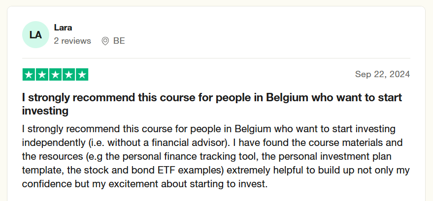 Truspilot review 03 - Lara - Index Investing Online Course - FIRE Belgium